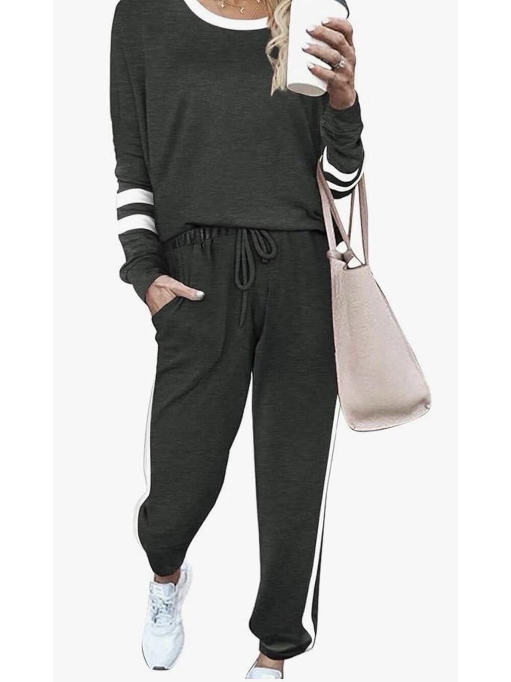 2 Piece Set Fall Casual Travel Outfits Sweatsuit Set Large Gray Stripe